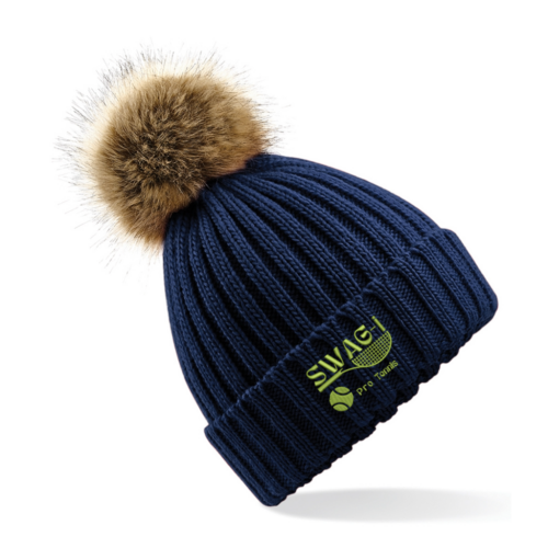 Navy beanie hat with faux fur pom pom and swag-i branding.